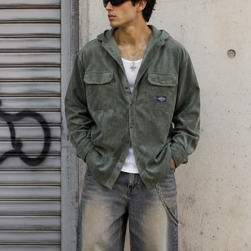 Aeropostale Mens Y2K‎ Corduroy Hooded Shirt Jacket Size L 90s Streetwear Grunge